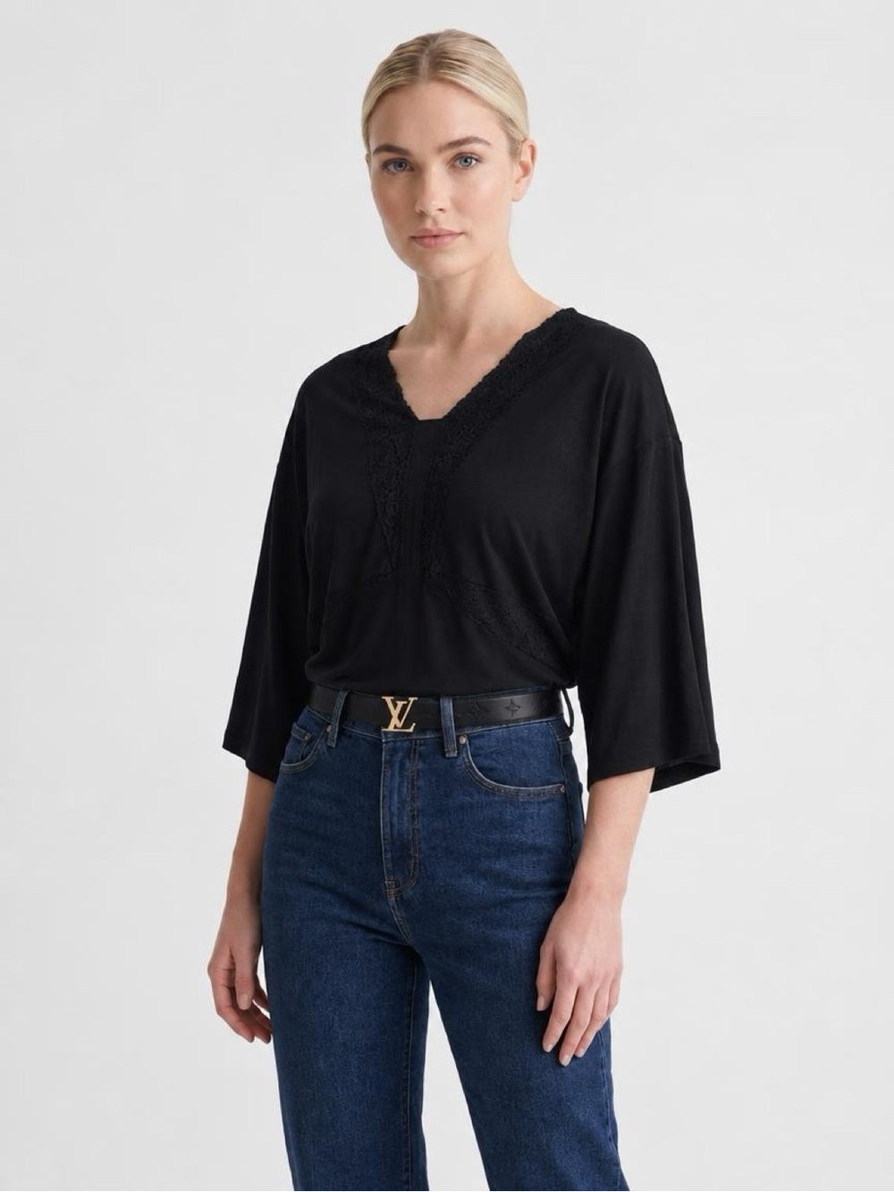 Jennifer Lopez Blouse Size M Black Lace Accent Pullover Top